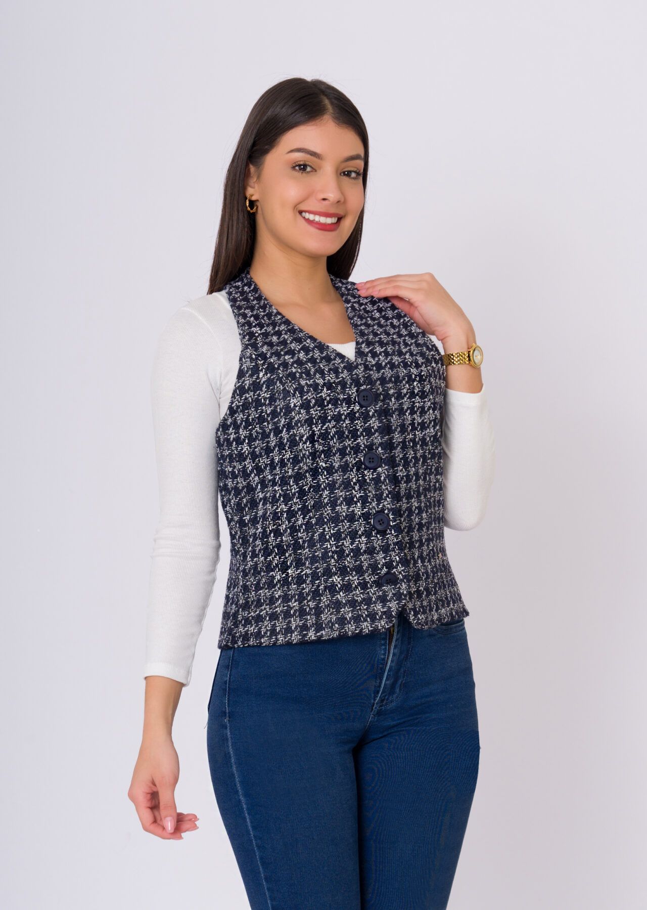 Chaleco tweeed azul blanco 1